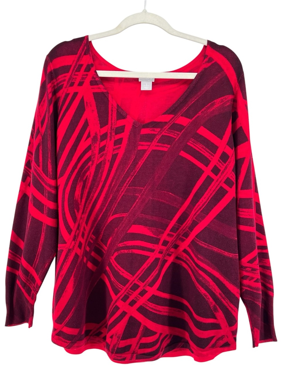 Chico's V-neck Pullover Sweater Sz L Red Wine Geometric Artsy Avant-Garde Bold